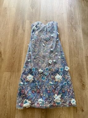 hutch francine blue floral applique embellished strapless midi dress small NEW